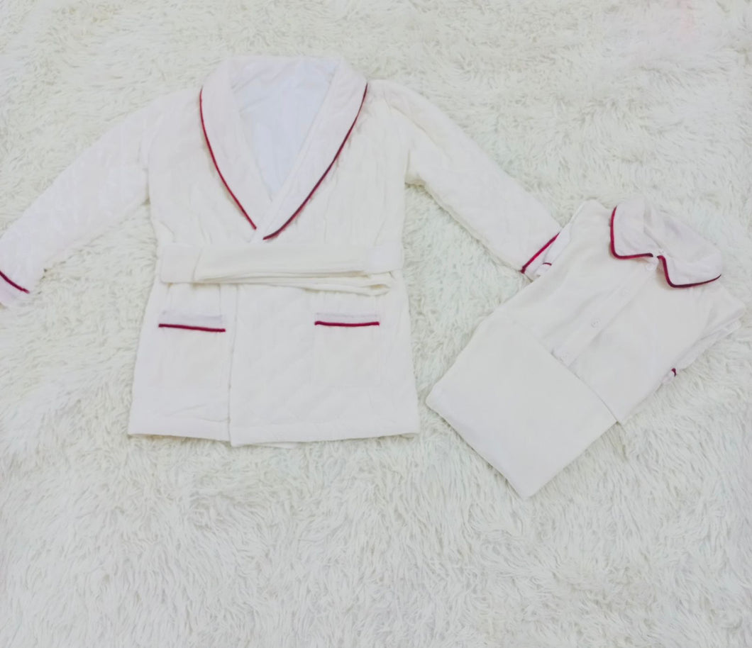 Boys white velvet with red trim quilted dressing gown & pjs( October delivery