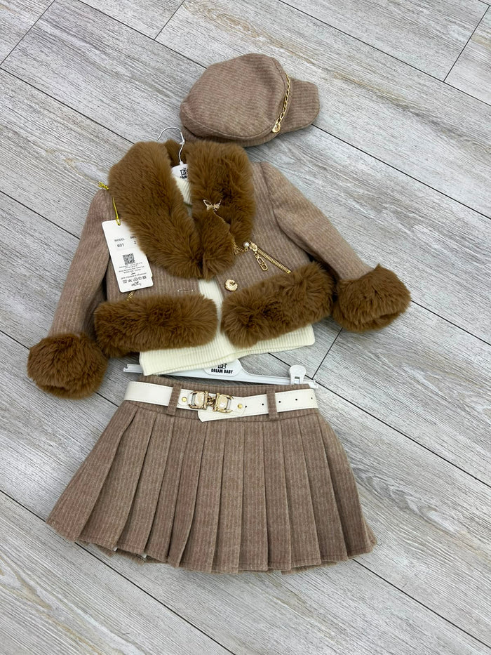 Girls Light brown skirt, coat, jumper & hat set