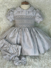 Load image into Gallery viewer, Silver glitter smock dress with bows