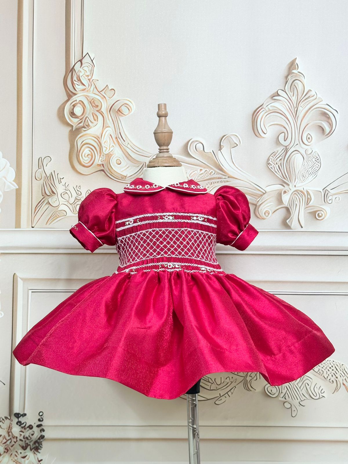 Red glitter fabric smock dress ( September delivery) – LittleBoPeep