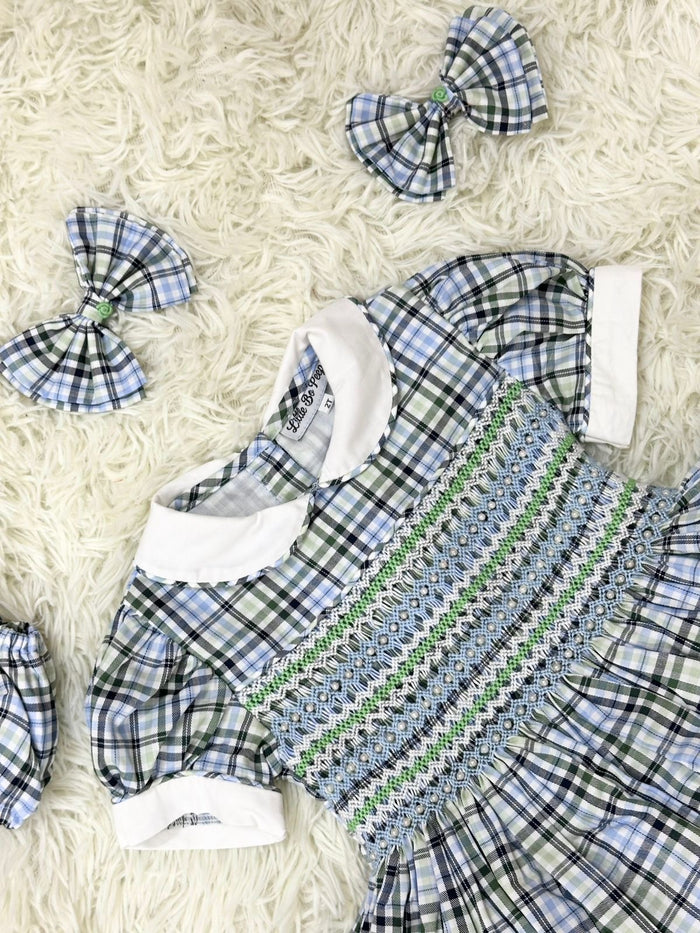 Girls cheque smock dress with pearl details