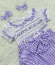 Load image into Gallery viewer, Girls Lilac cheque smock romper