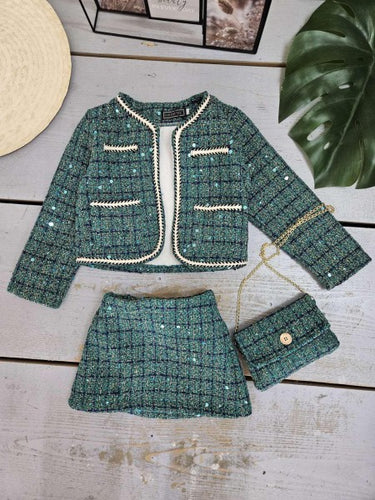 Girls green blazer, skirt and bag set