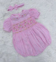 Load image into Gallery viewer, Girls pink bubble smock romper