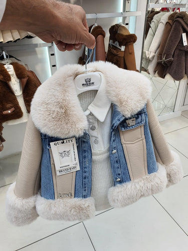 Girls 3 piece denim fur jacket , top & skirt