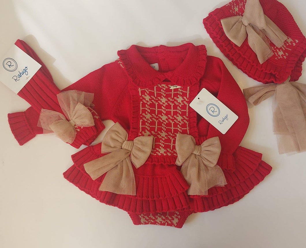 Red rahigo romper set with socks and bonnet