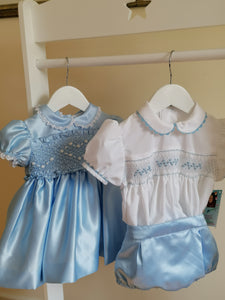 Blue satin heart smock