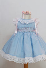 Load image into Gallery viewer, Blue plumetti with pink smocking