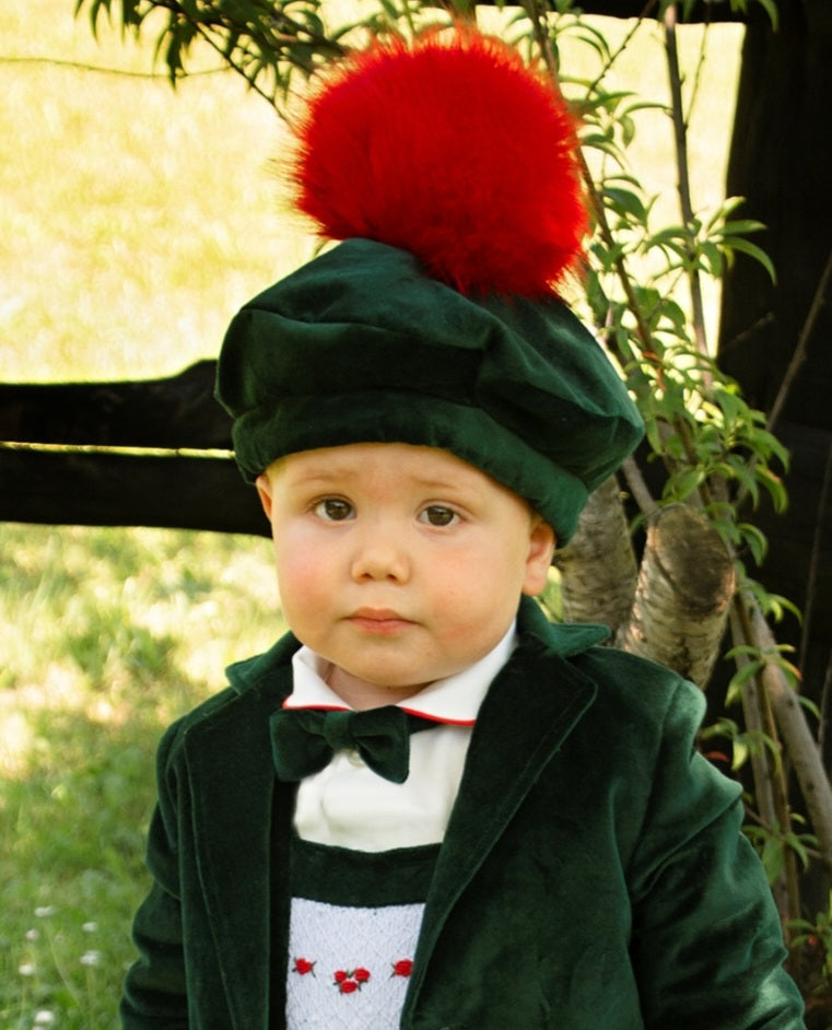 Green velvet with red pom pom hat