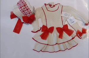 Cream and red rahigo romper with bonnet and socks